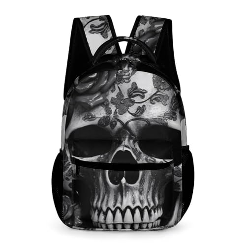 Black Skull Rose Backpack for Travel, Ultra Durable Small Bookbag Lightweight Daypack for Women Men