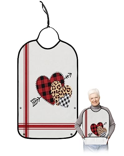 Valentine's Day Adult Bibs for Eating, Waterproof Bibs with Food Catcher & Adjustable Snap Closure, Red Stripe Board Red Heart Sword Through Love Clothing Protectors Adult Bibs for Elderly Women/Men