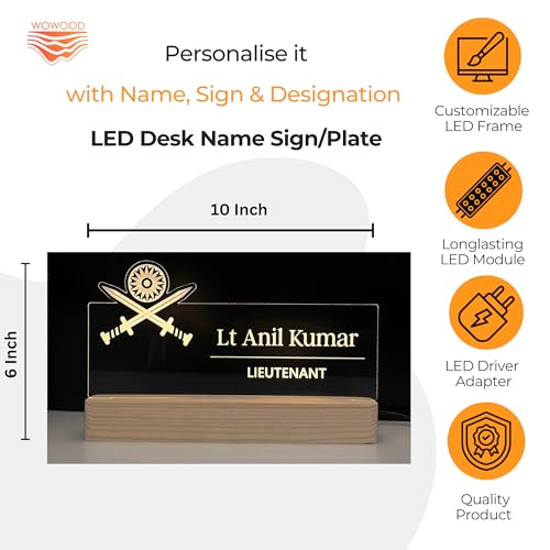 Image of Personalized Acrylic Desk Name Lamp for Army Officers | Custom LED Light with Name, Designation & Regimental Crest | Lieutenant, Major, Colonel, Brigadier, General Gift | Best Indian Army Gift (10 x 6 inch) (For Army Officer)