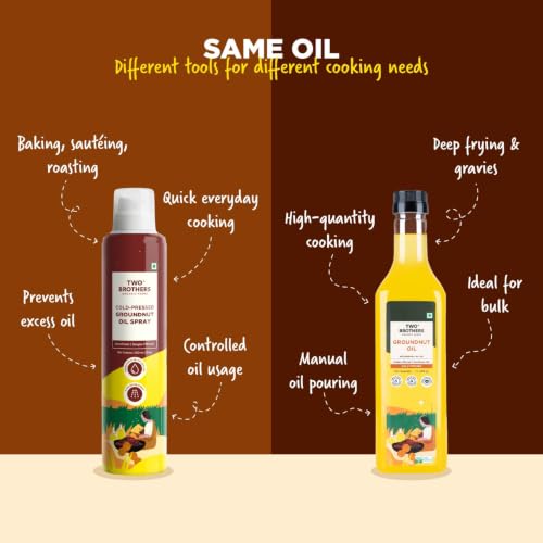 Image of TWO BROTHERS INDIA FARMS Groundnut Oil Spray, Made Using Gunghroo peanuts | 4 cal per spray | Cold-Pressed And Single-Filtered Oil For Cooking | Unrefined Oil | Lowers Cholesterol
