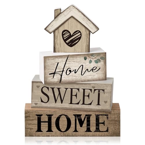 Image of Moucuny 4 Pcs Wooden Farmhouse Tabletop Decor Rustic Home Tiered Tray Decor Decorative Highland Cow Home Eucalyptus Block Signs Gift Farmhouse Table Decoration for Kitchen Shelf(House)