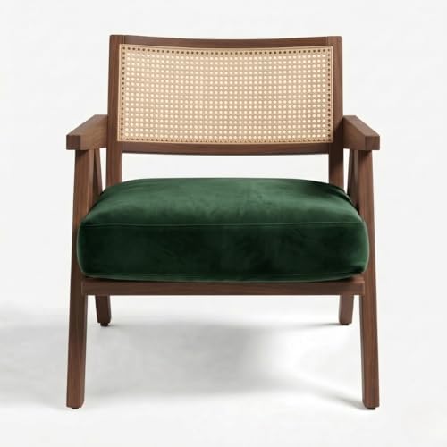 Image of Kingsman Furnitures ABEL Rattan Teak Wood Accent Arm Chair for Home Bedroom, Living, Dining, Drawing Room | Ultra Soft and Comfortable for Stress Free | Removable Cushion (Walnut Forest Green)