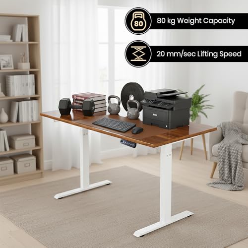 Image of Pulse Electric Height Adjustable Table Standing Desk with 4 Memory Presets| 1200 X 750 mm (25mm Walnut Top & White Frame)| 80KG Wt Cap| 3 Year Warranty| Adaptor Hanger, Headphone & Cup Holder