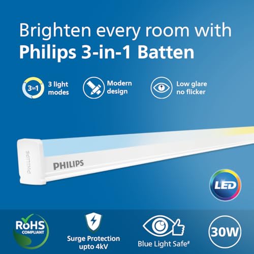 Image of Philips 30W 3-in-1 Colour Changing LED Batten 3.6 Ft | CCT Mood Lighting (Cool White /Neutral White /Warm White) | Bright & Energy Efficient Tube Light for Bedroom, Hall & Office | Pack of 4
