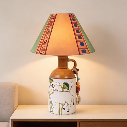 Image of Aakriti Art Creations Bazaar Soul Handcrafted Pichhwai Lamp for Living Room Decoration | Lamp for Living Room Decoration | Aesthetic Home Decor | Indian Handicraft | Housewarming Gift Showpiece