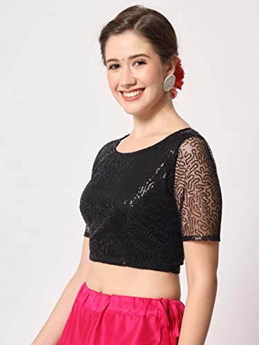 Image of studio rasa Women's Net Sequin Embroidered Sheer Sleeves Readymade Saree Blouse for Wedding Festive Party