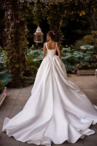 Square Neck Satin Wedding Dresses for Bride Pleated Sleeveless A Line Drop Waist Bridal Gowns 2025 with Train3