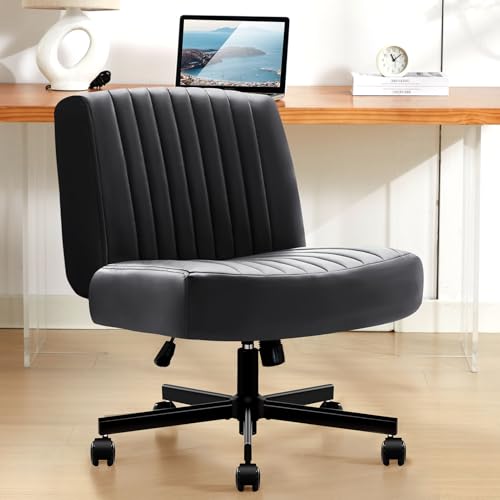 Criss Cross Chair with Wheels,Thick Padded Leather Cross Legged Office Desk Chair with Pocket Spring Cushion,Dual-Purpose Base,Wide Adjustable Computer Home Office Vanity Chair,Black