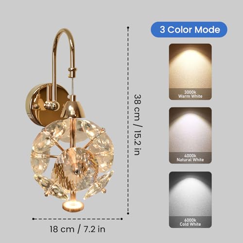 Image of Smartway Flux Crystal 10 Watt LED Wall Lamp - Modern Gold Wall Light, Crystal Globe Design, 3 Color Modes (Warm /Natural /Cool) | Wall Mounted Bedside Lamp (Petal)