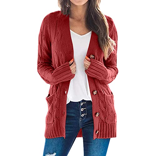 Duohropke Cárdigan de punto para mujer, de malla gruesa, largos, con bolsillos, botones, ropa de punto, suéter de gran tamaño, abrigo de punto de negocios, abrigo, chaqueta de hombro, rojo, 3XL