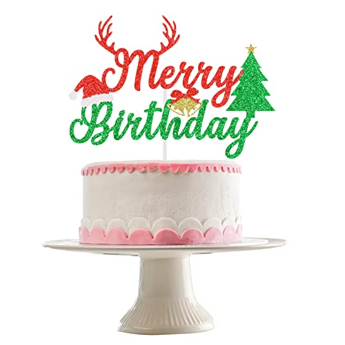 Red & Green Glitter Merry Birthday Cake Topper, Christmas July Birthday Decorations, Christmas July Birthday Cake Toppers, Kids Christmas Birthday Party Cake Food Picks, Winter Onederland Birthday Decor,Xmas Birthday Cake Decorations Supplies #TOP16