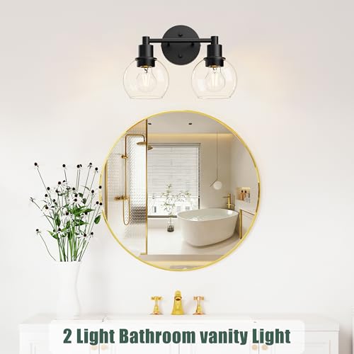 Image of 2 Light Bathroom Light Fixtures Black Vanity Lights, Farmhouse Bathroom Vanity Lights 2-Light Matte Black Globe Bathroom Vanity Lighting Fixture Over Mirror