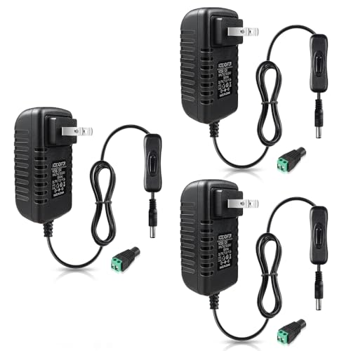 Image of 12V Power Supply, 12 Volt 3A 36W DC Power Supply with On Off Switch, Black Switching LED Power Adapter, AC 110V to 12V Transformer Plug for LED Strip Lights with 5.5 /2.1 DC Female Connector, 3 Pack