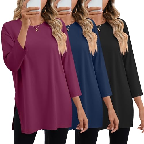Huukeay 3 Pack Women's Oversized T Shirts Workout 3/4 Sleeve Top Loose Side Split Gym Elbow Crewneck Fall Casual Clothes Tee