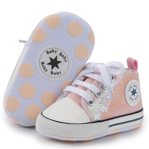 Image of Unisex Baby Girls Boys Canvas High-top Shoes, Newborn Infant Anti-Slip Soft Sole Frist Walking Breathable Sneakers