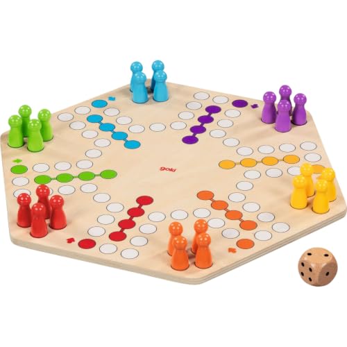 goki 56298 – Ludo für bis zu 6 Spieler aus Holz – Gesellschaftsspiel im XL-Format, Durchmesser ca. 34 cm, beidseitig bespielbar
