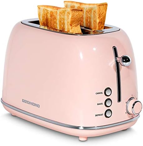 REDMOND 2 Slice Toaster Retro Stainless Steel Toaster with Bagel, Cancel, Defrost Function and 6 Bread Shade Settings Bread Toaster, Extra Wide Slot and Removable Crumb Tray, Pink, ST028
