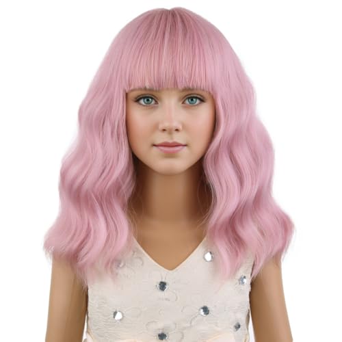 Image of PATTNIUM Pink Wig for Kids with Bangs Girls Short Curly Wavy Wig Child Light Pink Synthetic Hair Wigs