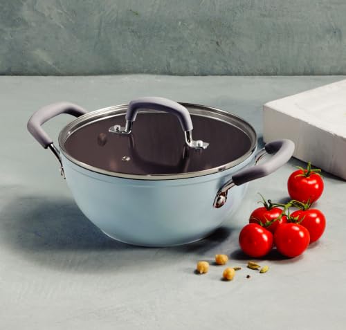 Image of TRAMONTINA Velo 24cm Shallow Kadai with Lid 2.9L | Ceramic-Reinforced Coating | Tempered Glass Lid | for Curry, Stir Fry, Sauteing & Everyday Cooking | Gas & Induction Compatible | Sea Blue