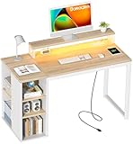 SOROGRA Small Computer Desk with Storage Shelves 39.4 inch Home Office Desk with LED Lights and Power Outlets, Writing Desk with Monitor Stand for Bedroom, Small Space, Oak