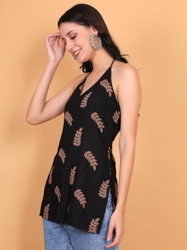 Image of FIMS - Fashion is my style Rayon Short Kurti for Women, Ethnic Printed, Black Sleeveless Kurtis, Summer Wear, Ideal Gift for Girls