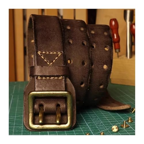 Original Handmade Double-Needle Buckle Men's Belt Washed Water Belt Genuine Leather Belt(125cm,Coffee)3