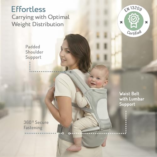 Image of Bonfino Admire 5-in-1 Hipseat Baby Carrier|Ergonomic Baby Carry Bag, Adjustable Strap & Breathable Fabric|Baby Carrier with Stylish Belt| Baby Holder for 5-18 Month Babies,15 Kg Capacity - Grey