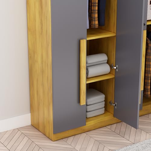 Image of Bniture 3 Door Wardrobe for Bedroom with Lockable Door & Hanging Space | Almirah for Clothes with Elevated Bottom Base | Wardrobe for Storage | 3 Years Warranty (Giant Wood & Slate Grey, HXWB112)