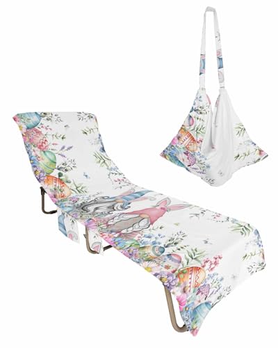 Easter Beach Chair Towel Covers for Chaise Lounge with Side Pocket, Soft Plush Pool Towels Cover for Patio Sunbathing Outdoor 29''x85'' Spring Weeping Eucalyptus Plant Flower Leaves Egg