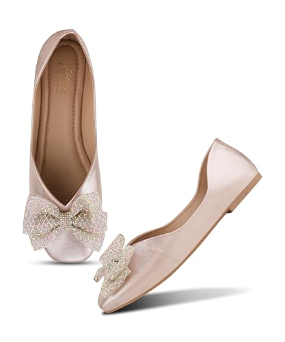 Image of JM LOOKS Sparkling Occasion Ballet Flats with Oversized Glitter Bow and Sleek Low Profile Design Silhouette
