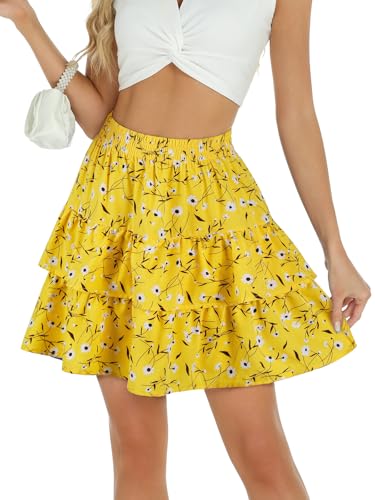 Berydress Yellow Floral Mini Skirts Women High Waist Casual Summer Skirt