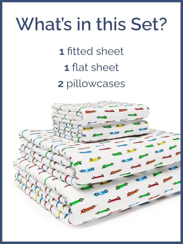 Image of Kids Queen Size Racecars Bed Sheets - 4 Piece Kids Racecars Sheet Set | Racecars Themed Bedding, Ultra-Soft, Cute & Cozy, Breathable & Machine Washable, Bed Set for Boys, Girls & Teens, Breathable