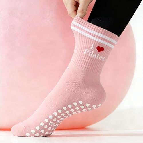 Image of Pilates Socks for Mother's Day,Women Pilates Heart Grip Socks Cuffs,Anti-Skid Cotton Grip for Ballet,Home,Studio 1Pair