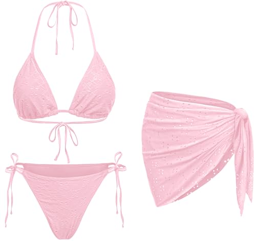 Light Pink Women 3 Piece Swimsuits - Sexy Triangle Bikini Sets with Cover Up Halter String Tie Side Bathing Suits S