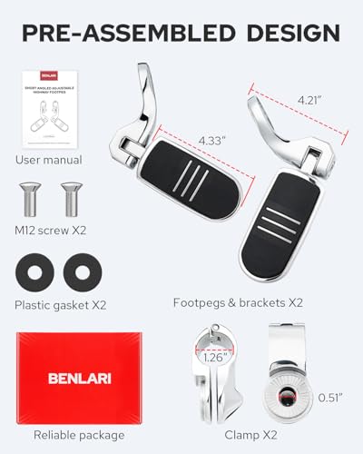 Image of Benlari Motorcycle Adjustable Highway Footpegs Style 1 Chrome Short Angled Fit for Harley Touring Street Glide Softail Dyna Sportster fits 1 inch(25mm) 1-1 /4 inch(32mm) Engine Guard
