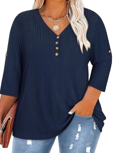 Image of Koscacy Women Plus Size V Neck 3 /4 Roll Sleeve Sweater Casual Knit Tops Solid Color Blouses