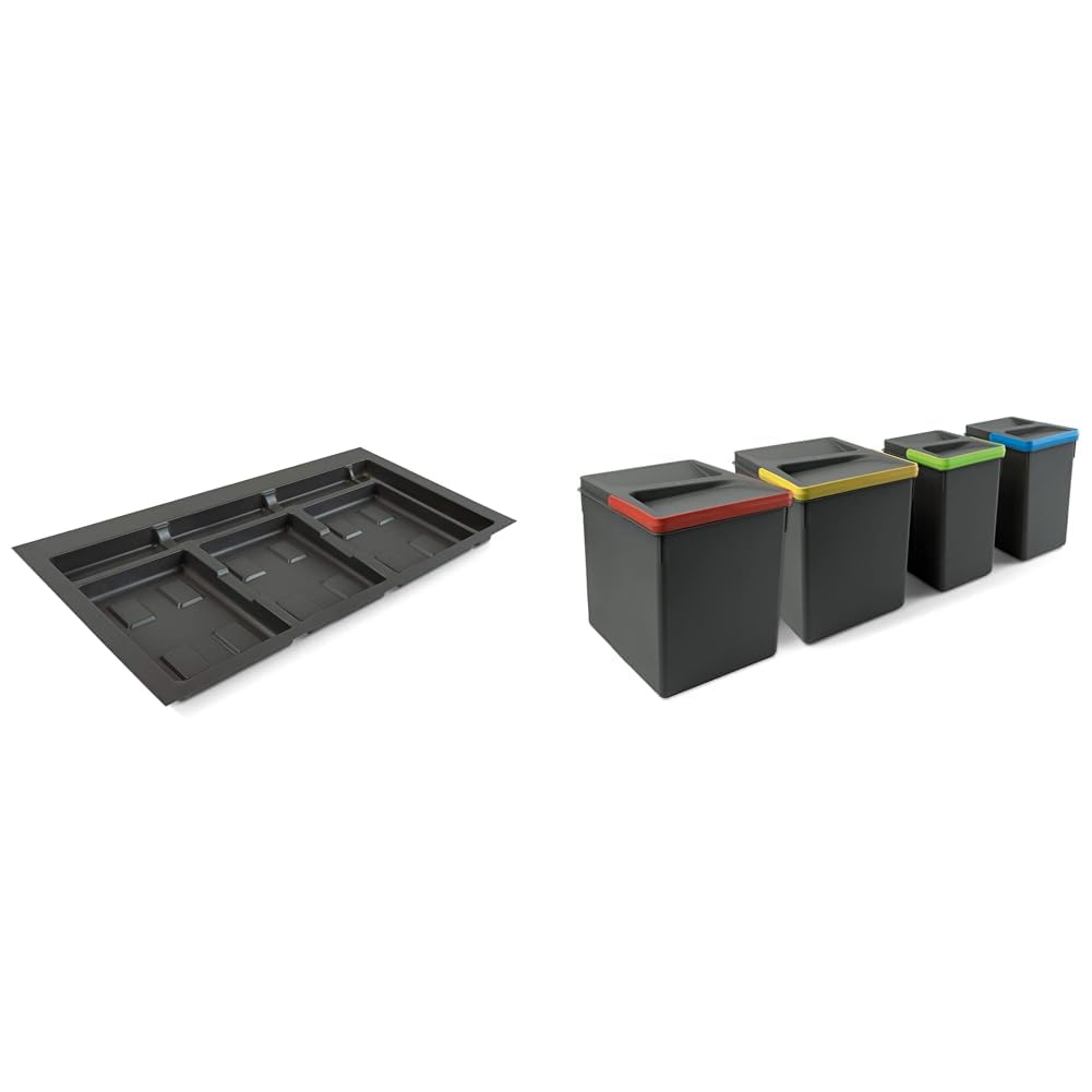Emuca - Contenitori + Base per cassetto Cucina Recycle, 4 contenitori H266mm (2x15L + 2x 7L), 1 Base tagliabile per contenitori per Riciclaggio per modulo 90cm (768-836mm), Plastica Grigio Antracite