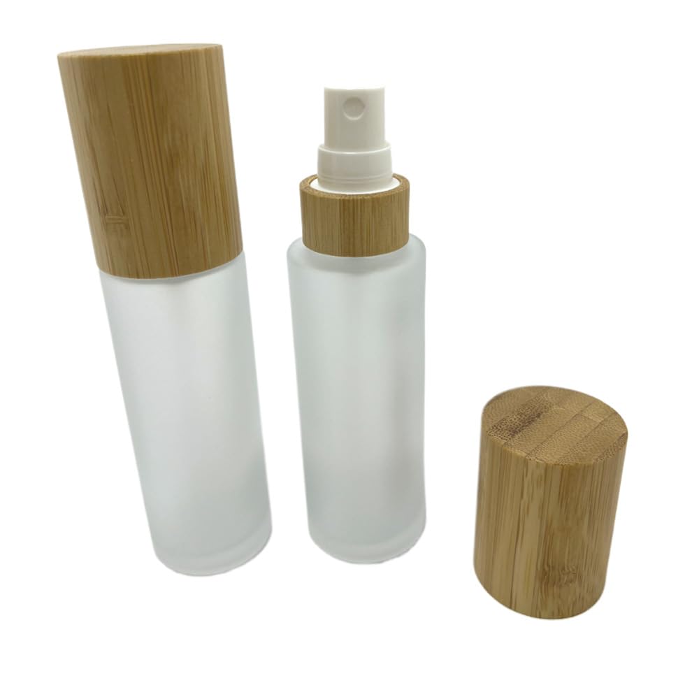 BEECO GIF2U Empty Cosmetic Bottles 2oz/60ml 2 PACK with Bamboo Cap,Frosted Glass Spray Bottle with Fine Mist Dispenser for Liquid Perfume Toiletries
