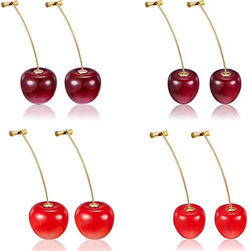 4 Pairs Cherry Earrings Cherry Sweet Earrings 3D Cherry Dangle Earrings with 10 Pieces Ear Lines for Women and Girls