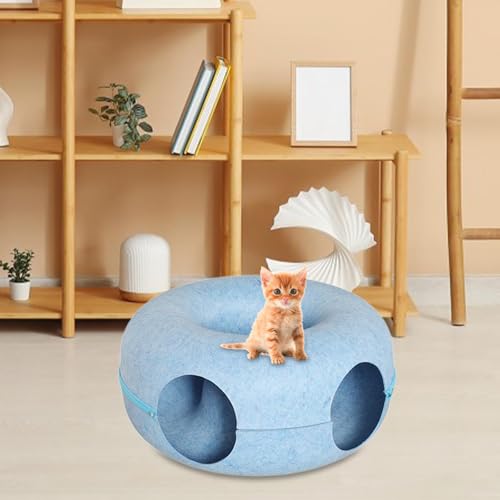 Tunnel chat donut bleu avec lit interactif cachette et fond lavable - 6