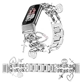 REALSIGN Elegante pulsera de metal compatible con Fitbit Charge 6/Fitbit Charge 5 Band para mujer, bonita correa con colgantes de cruz de amor, pulsera de cadena para rastreador de fitness (plata +