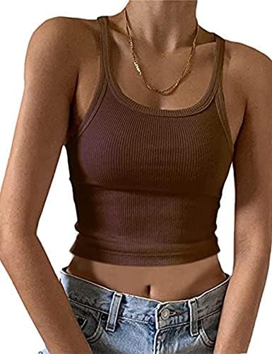 KAMISSY Women's Sleeveless Crop Tank Top Slim Fit Scoop Neck Ribbed Knit Basic Crop Cami Shirts Tops Brown