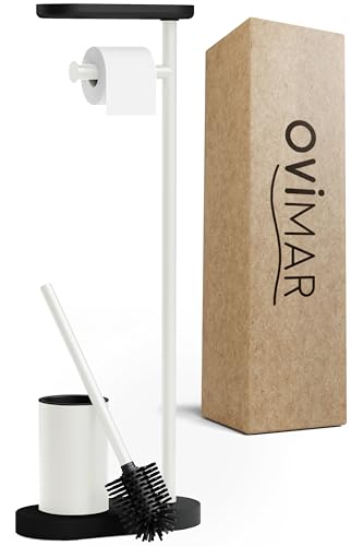 ovimar Set WC da terra 3 in 1 Vradal in bianco | Set scopino WC con testina in silicone, portarotolo e porta smartphone Molto salvaspazio | Elegante organizer da bagno in acciaio inox