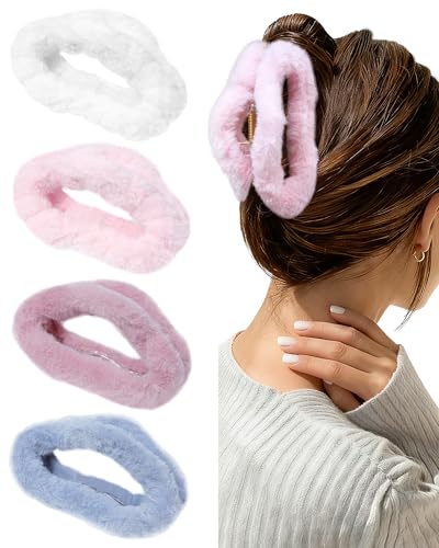 ACECHA 4 Pack Fuzzy Hair Claw Clips- Cloud and Square Clip Colorful Fluffy Hairclips Grip Winter Faux Fur Hair Accessories for Women (Cloud Clips 02)