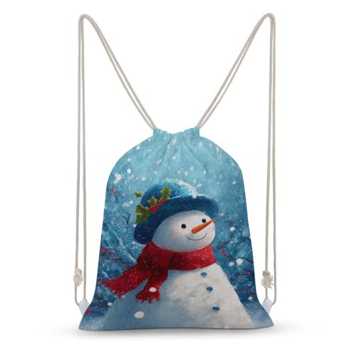 Smiling Snowman Wearing Blue Hat Drawstring Backpack Canvas String Bag Lightweight Sports Gym Bag for Men Women