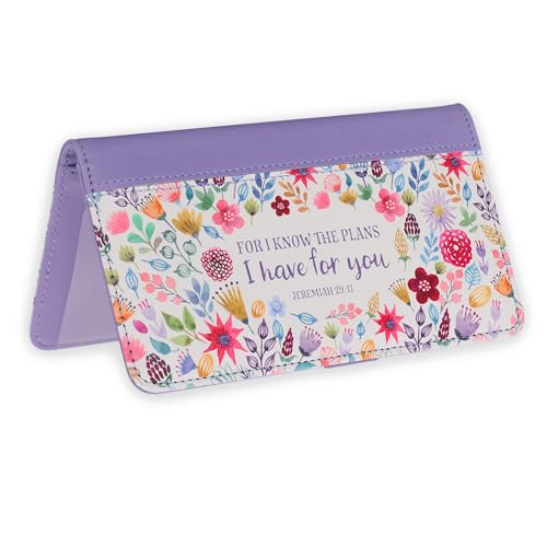 Christian Art Gifts Purple Faux Leather Checkbook Cover for Women with Scripture - For I Know The Plans - Checkbook Covers for Duplicate Checks, ID, Credit Cards, & Pen Loop Holders - Jeremiah 29:11