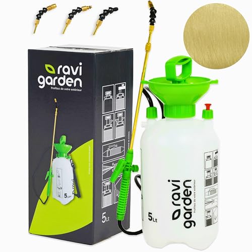 Ravigarden Pulverizador de jardín | Pulverizador a presión 5L | Lanza de latón duradera y anticorrosión | Pulverizador de mano con 3 boquillas ajustables para un chorro potente o una niebla delicada