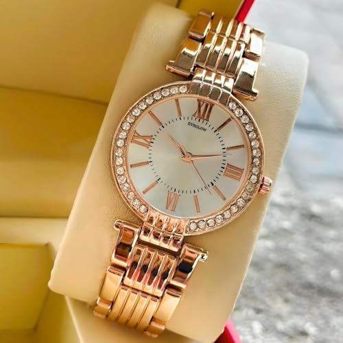 Image of EVRGLOW Analogue Wrist Watches for Women's & Girls&Miss&Ladies Luxury Blue Dial with Roman Marker in Diamond Studded Round case with Rose Gold brecelet Strap Stylish Quartz Watches