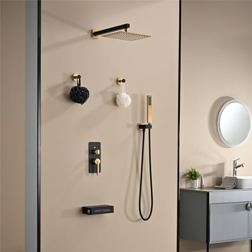 Juego de grifería para ducha negro con acabado oro titanio cepillado, sistema mural con 4 funciones, incluye cabezal de ducha, ducha de mano, grifo para bañera tipo cascada y ganchos para ducha miniatura 2