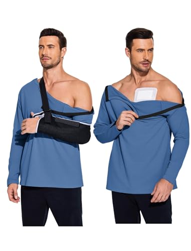 Deyeek Post Shoulder Surgery Recovery Shirts for Men Chemo Port Access Top Snap Full Tear Away Long Sleeve